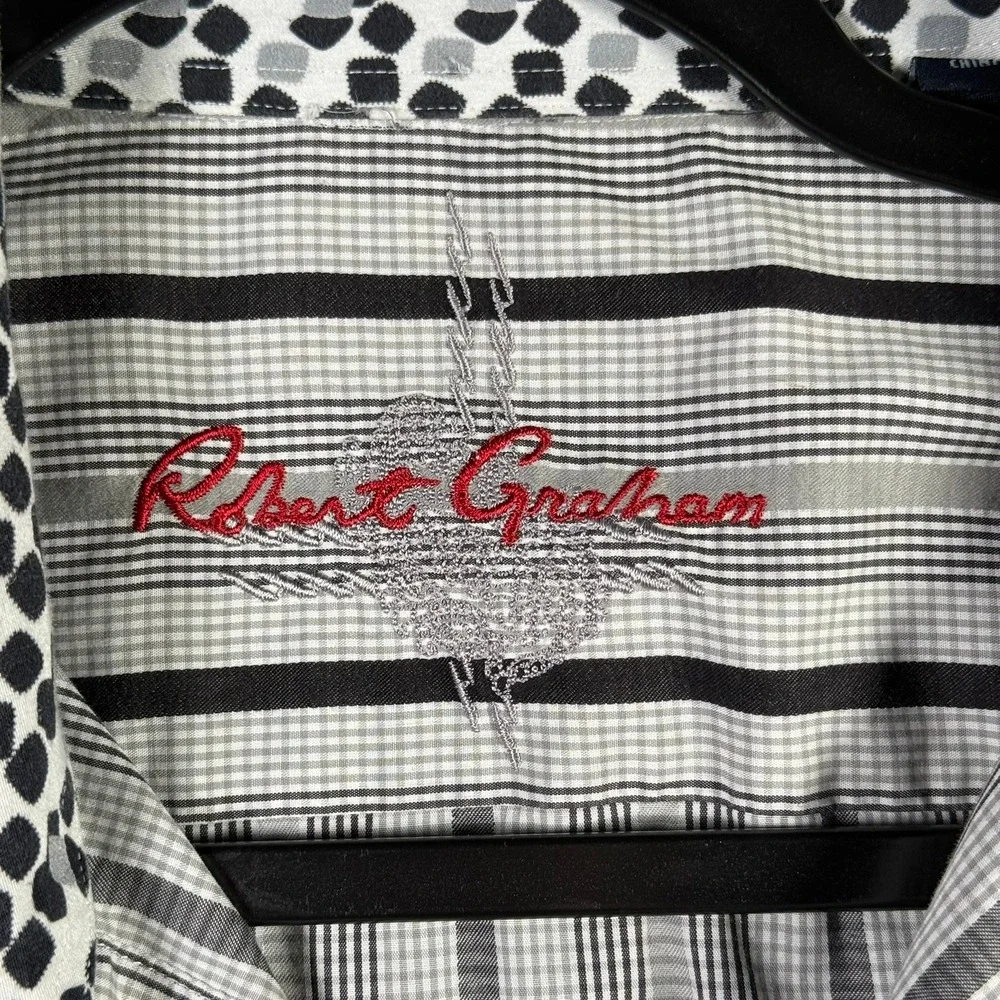Robert Graham Button Down Shirt Mens L Large Grey Black Striped Contrast Cuff